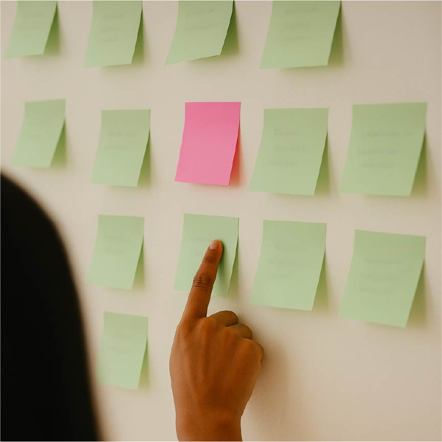 Finger pointing at post-it note.