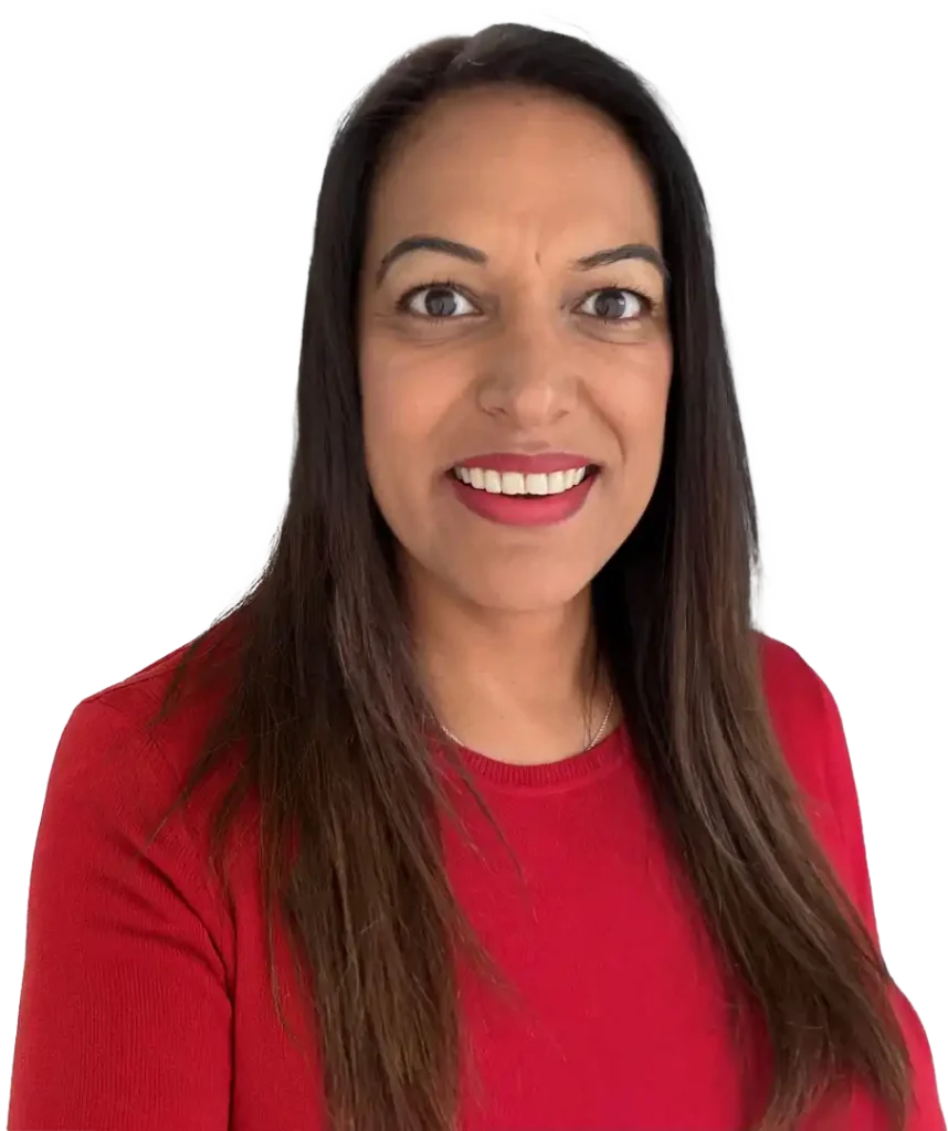 Rina Sond Intangen red jumper smiling